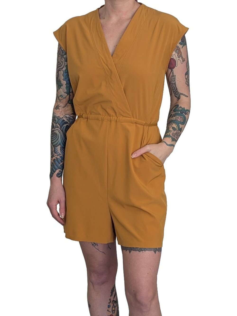 Athleta Golden Yellow Romper V-Neck Drawstring Tie Waist | XS